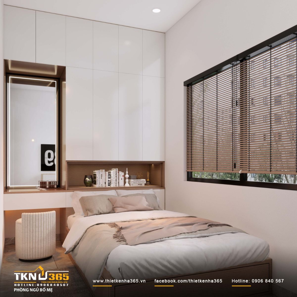 Phòng ngủ master thiết kế theo tinh thần tối giản, sử dụng gam màu trung tính và bố cục gọn gàng để mang lại cảm giác yên tĩnh, thư giãn