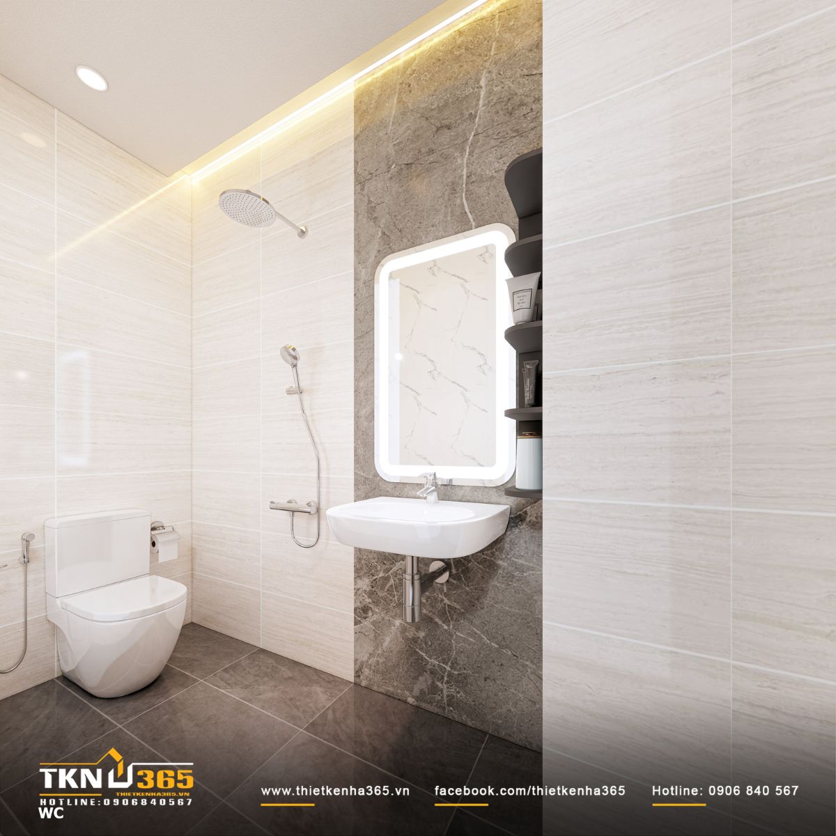 Lavabo treo tường kết hợp gương LED bo góc và đèn hắt trần tạo ánh sáng dịu, tăng cảm giác sạch sẽ và thuận tiện khi sử dụng