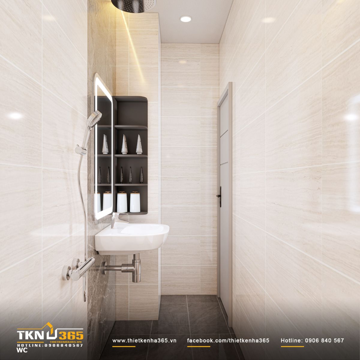 Hệ kệ mở âm tường bố trí cạnh lavabo hỗ trợ lưu trữ ngăn nắp, giữ phòng tắm thông thoáng và dễ bảo trì