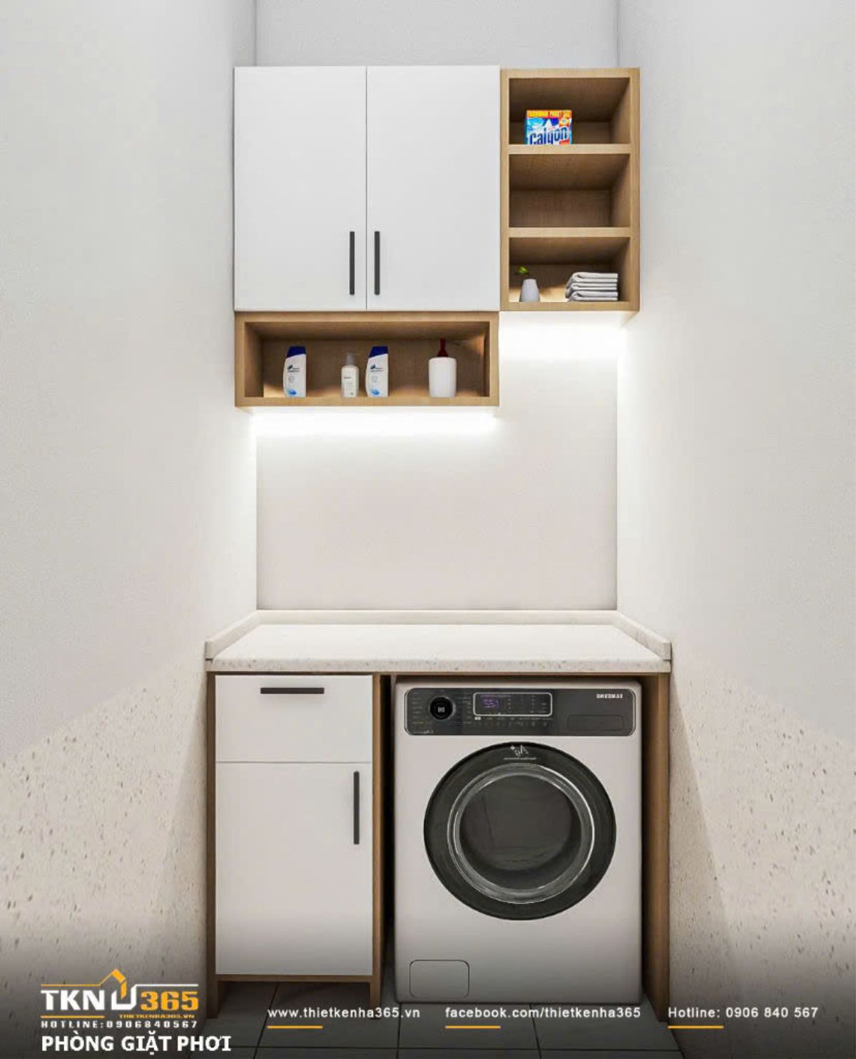 Khu vực giặt - phơi tổ chức gọn gàng với máy giặt đặt âm tủ, hệ tủ treo và kệ mở phía trên giúp tối ưu lưu trữ trong diện tích nhỏ
