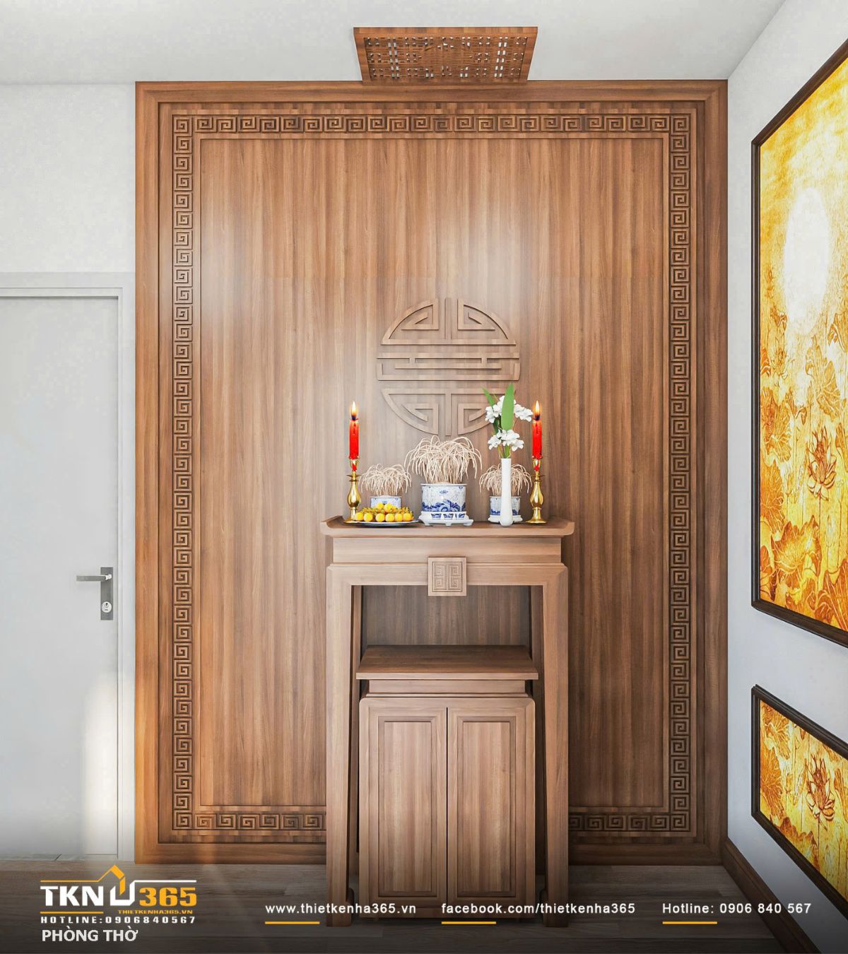 Không gian thờ bố trí tại tầng trên cùng, sử dụng nội thất gỗ tông trầm với vách ốp họa tiết cổ điển, tạo cảm giác trang nghiêm và tĩnh tại
