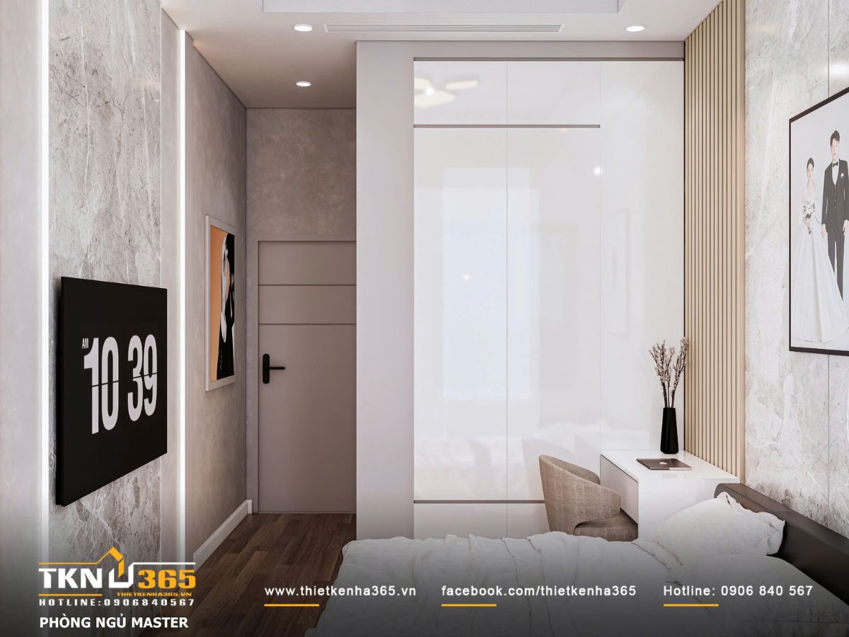 Hệ tủ áo kịch trần phối cùng bàn làm việc nhỏ gọn giúp tối ưu diện tích lưu trữ, giữ không gian gọn gàng và mạch lạc