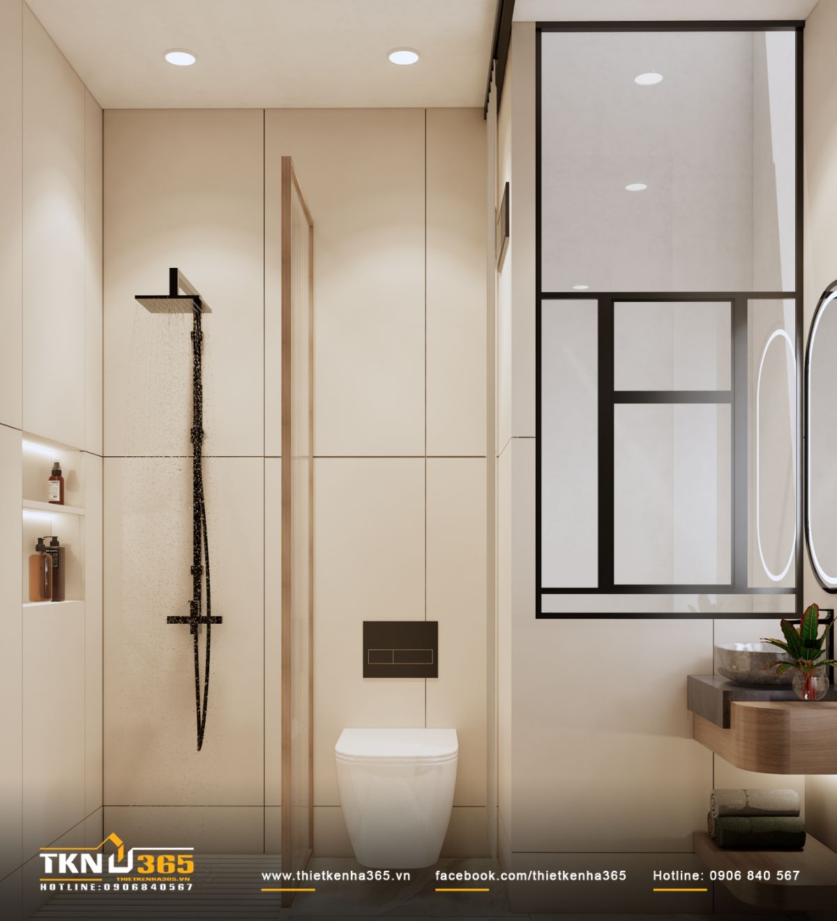 Các hộc âm tường tích hợp ánh sáng giúp cất gọn vật dụng, giữ bề mặt phòng tắm luôn thoáng sạch