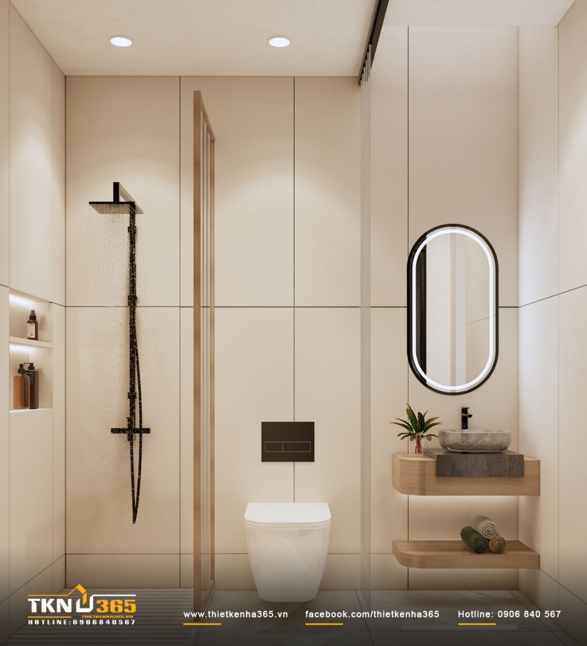 Lavabo đặt trên hệ kệ treo gọn nhẹ, kết hợp gương và ánh sáng dịu để tăng cảm giác thư giãn
