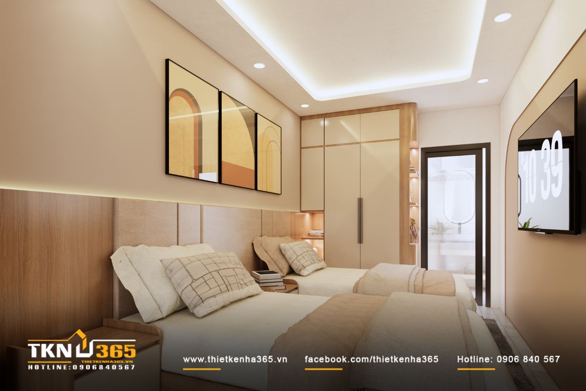 Không gian phòng ngủ sử dụng nội thất tiết chế, bố trí gọn gàng để giữ sự yên tĩnh và thoải mái cho sinh hoạt riêng tư