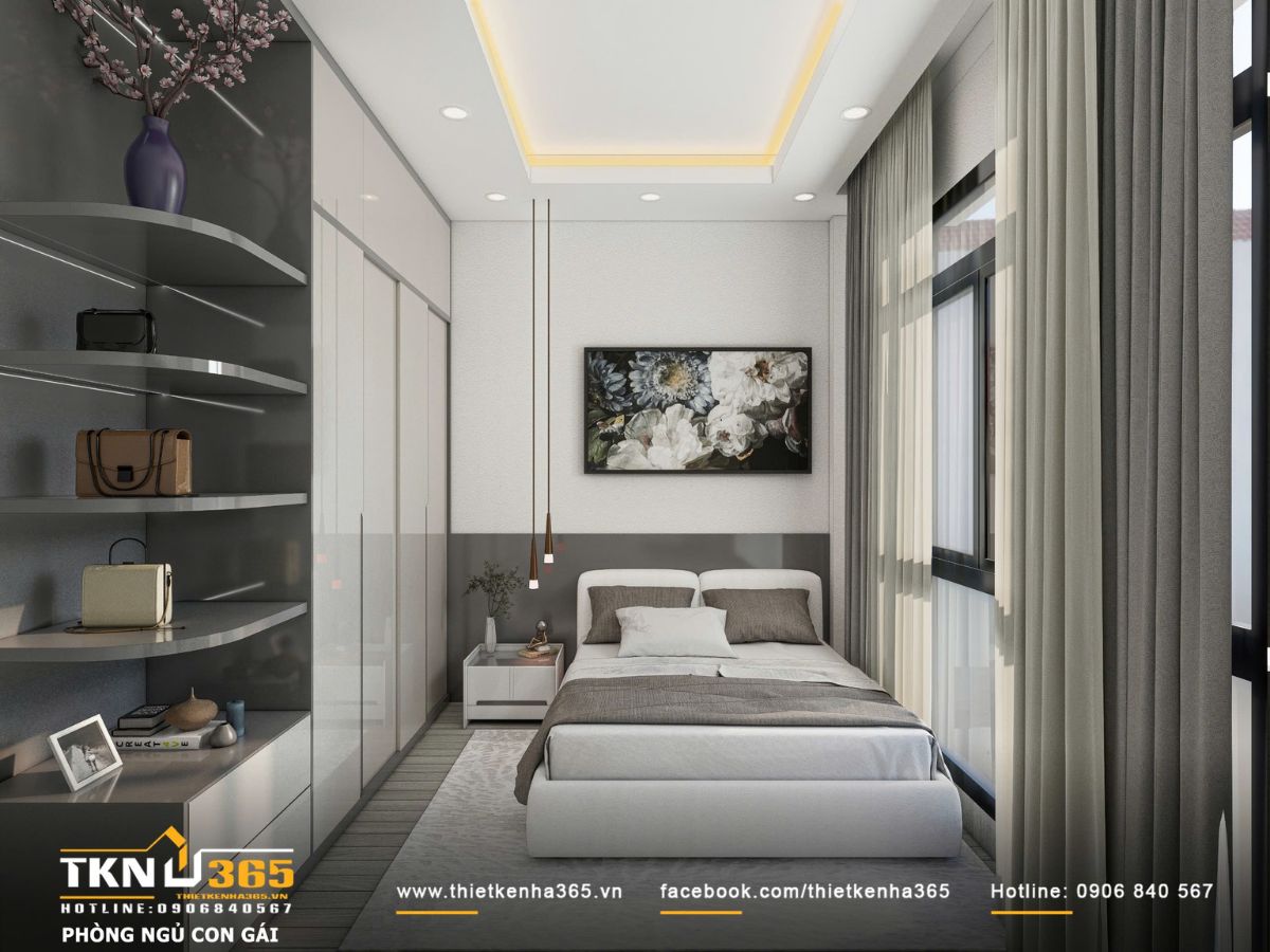 Thiết kế nội thất nhà phố mặt tiền 3m - Giải quyết bài toán ánh sáng và tổ chức không gian hẹp 12 Giường ngủ bố trí cân đối cùng hệ tủ quần áo và kệ trang trí bo cong, tạo cảm giác mềm mại và linh hoạt cho không gian riêng của trẻ