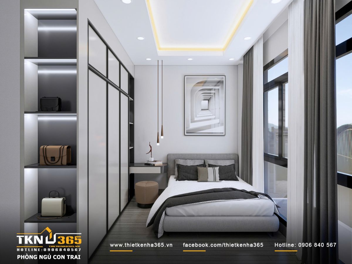Thiết kế nội thất nhà phố mặt tiền 3m - Giải quyết bài toán ánh sáng và tổ chức không gian hẹp 13 Phòng ngủ con trai mang tinh thần hiện đại, bố cục rõ ràng giữa khu nghỉ ngơi và góc học tập, đảm bảo sự ngăn nắp trong sinh hoạt