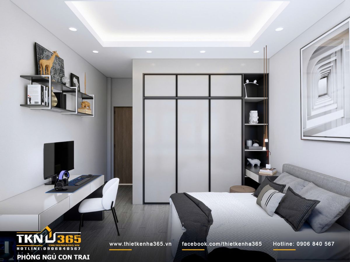 Thiết kế nội thất nhà phố mặt tiền 3m - Giải quyết bài toán ánh sáng và tổ chức không gian hẹp 14 Hệ tủ quần áo phẳng, thiết kế kịch trần giúp tối ưu lưu trữ mà vẫn giữ không gian phòng ngủ con trai gọn gàng, thoáng sáng