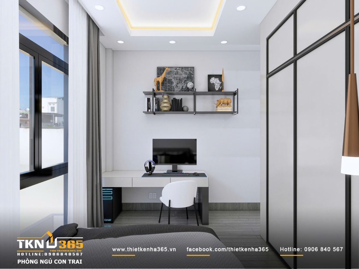Thiết kế nội thất nhà phố mặt tiền 3m - Giải quyết bài toán ánh sáng và tổ chức không gian hẹp 15 Bàn học kết hợp kệ treo và ánh sáng tự nhiên qua cửa sổ, tạo môi trường học tập tập trung nhưng không nặng nề