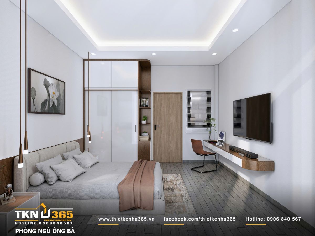 Thiết kế nội thất nhà phố mặt tiền 3m - Giải quyết bài toán ánh sáng và tổ chức không gian hẹp 17 Nội thất phòng ngủ ông bà sử dụng vật liệu gỗ ấm áp kết hợp ánh sáng gián tiếp, mang lại cảm giác dễ chịu và gần gũi