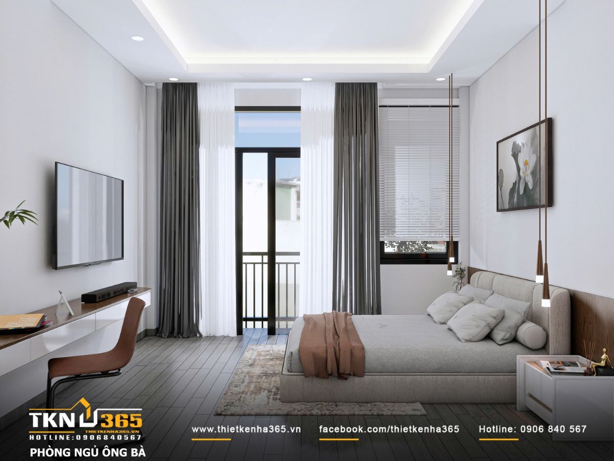 Thiết kế nội thất nhà phố mặt tiền 3m - Giải quyết bài toán ánh sáng và tổ chức không gian hẹp 18 Cửa sổ lớn và rèm hai lớp giúp điều tiết ánh sáng linh hoạt, giữ không gian phòng ngủ ông bà luôn sáng dịu và yên tĩnh