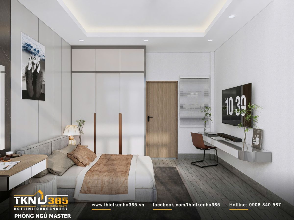 Thiết kế nội thất nhà phố mặt tiền 3m - Giải quyết bài toán ánh sáng và tổ chức không gian hẹp 8 Hệ tủ quần áo kịch trần bố trí gọn gàng cùng bàn làm việc treo tường, tối ưu lưu trữ và giữ không gian phòng ngủ luôn ngăn nắp, nhẹ nhàng