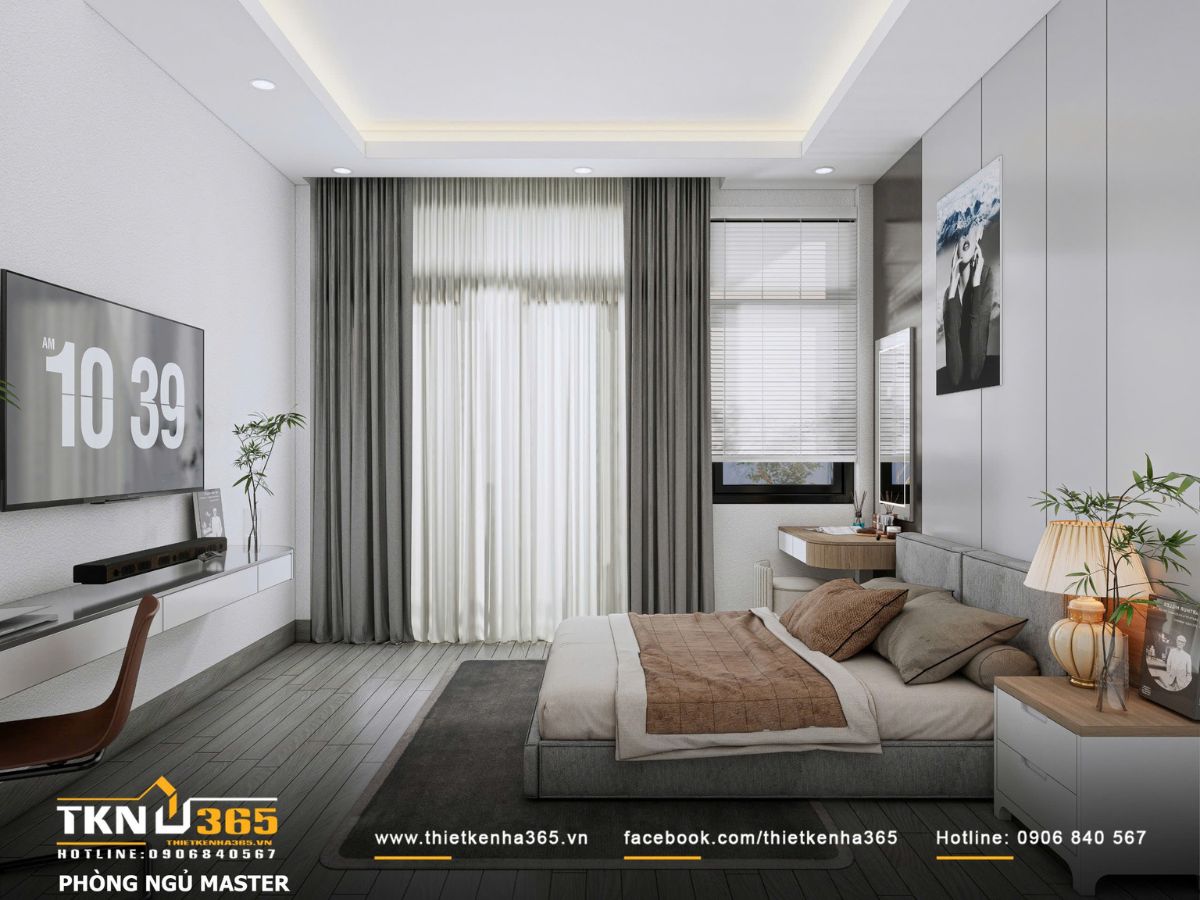 Thiết kế nội thất nhà phố mặt tiền 3m - Giải quyết bài toán ánh sáng và tổ chức không gian hẹp 9 Ánh sáng tự nhiên được khai thác qua cửa sổ lớn kết hợp rèm hai lớp và chiếu sáng gián tiếp, giúp phòng ngủ giữ được sự tĩnh tại cần thiết