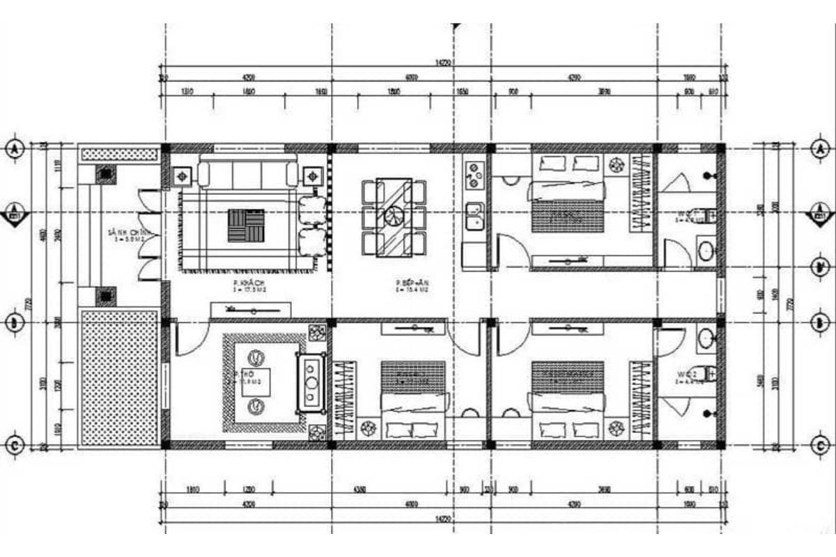 Bản vẽ mặt bằng nhà 7x15m 1 tầng với ba phòng ngủ (Ảnh: Sưu tầm)