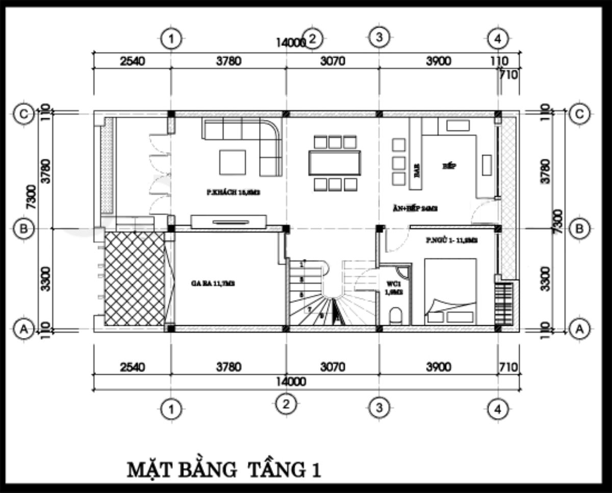 Bản vẽ nhà 7x15m ưu tiên phòng khách rộng 25m2, đảm bảo không gian sinh hoạt chung rộng thoáng (Ảnh: Sưu tầm)