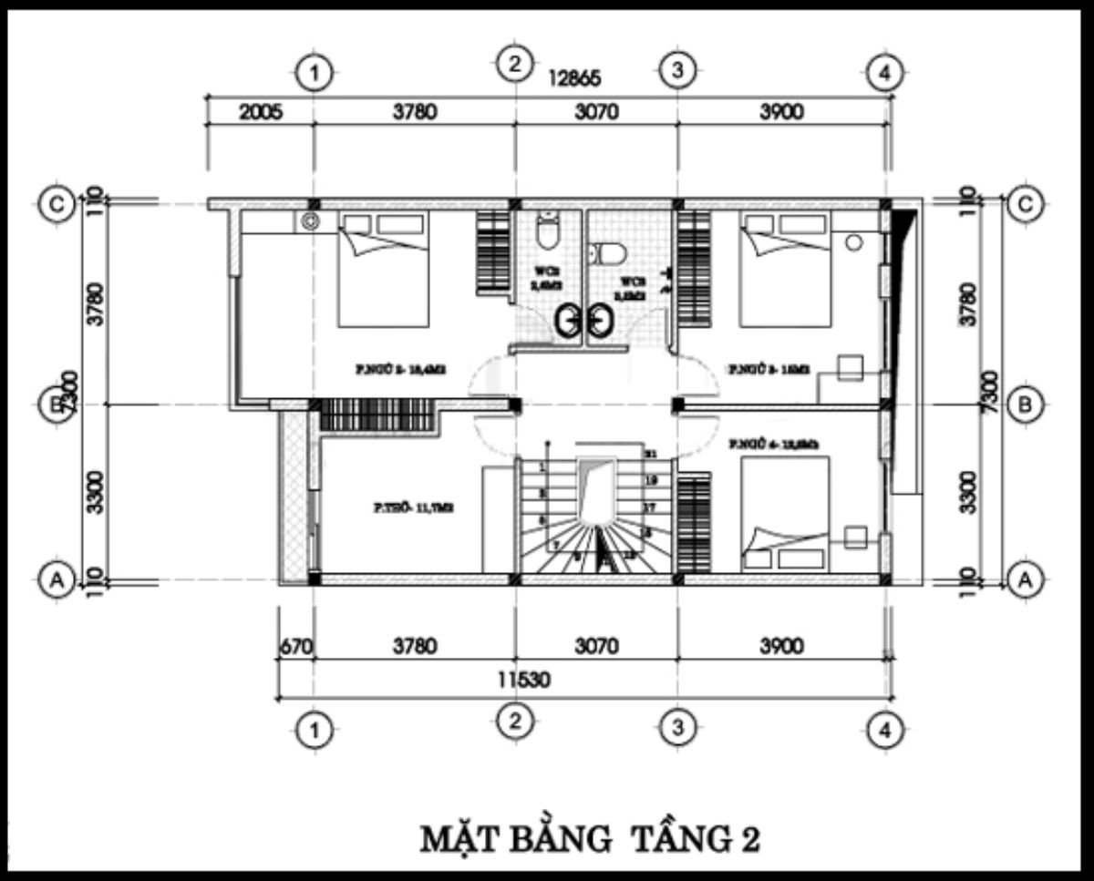 Bản vẽ mặt bằng tầng 2 nhà 7x15m 2 tầng (Ảnh: Sưu tầm)