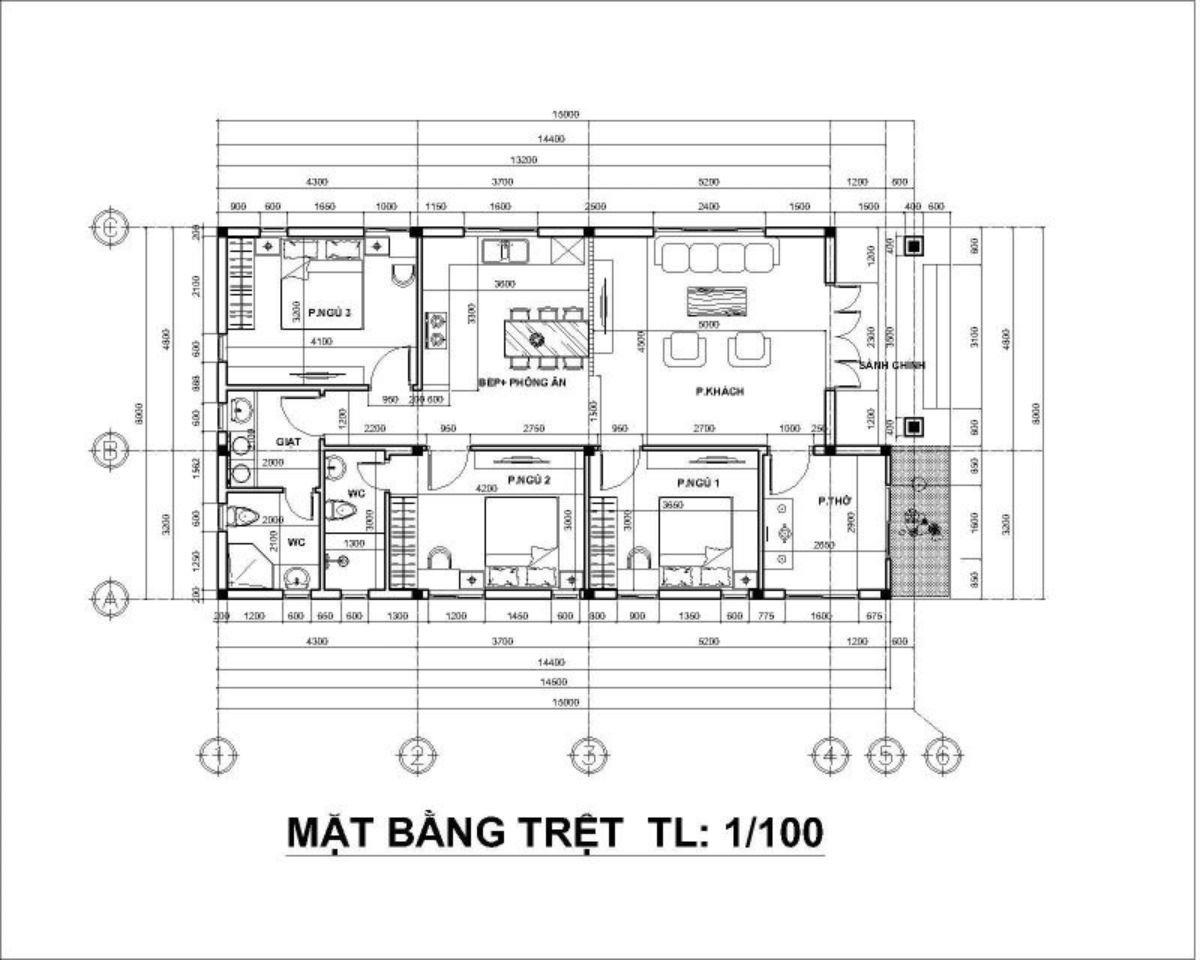 Bản vẽ mặt bằng nhà 1 tầng 3 phòng ngủ 8x15m (Ảnh: Sưu tầm)