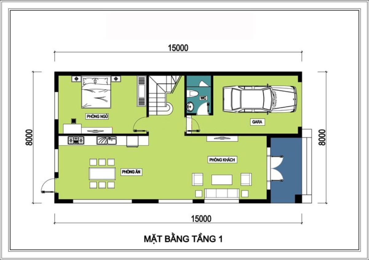 Bản vẽ mặt bằng tầng trệt nhà 8x15m 2 tầng (Ảnh: Sưu tầm)