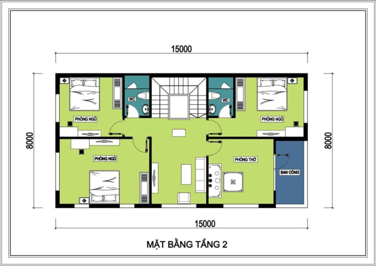 Bản vẽ mặt bằng tầng lầu nhà 8x15m 2 tầng (Ảnh: Sưu tầm)