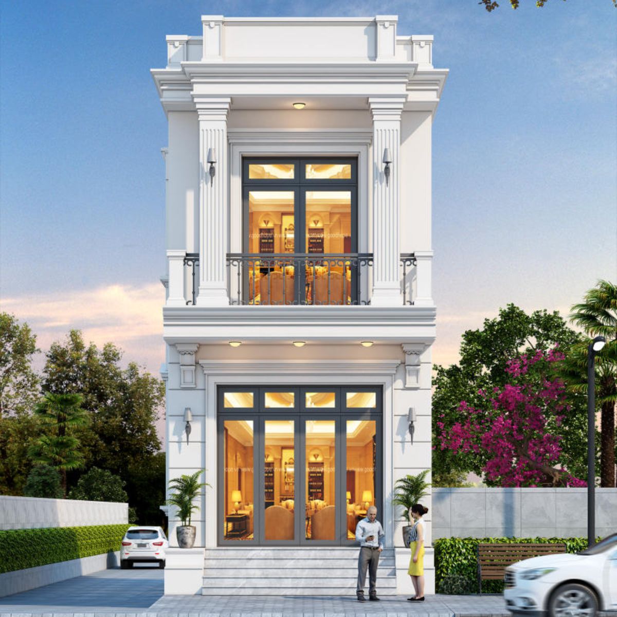 Mẫu nhà 1 trệt 1 lầu 6x20m phong cách tân cổ điển với thiết kế mặt tiền ấn tượng, giúp gia chủ khẳng định đẳng cấp và cá tính (Ảnh: Sưu tầm)