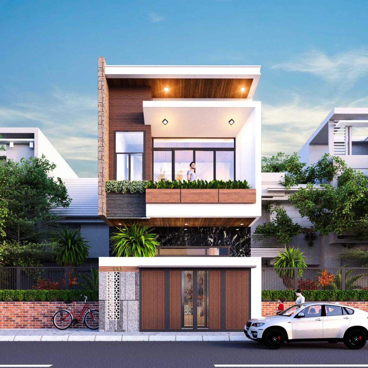 Mẫu nhà mái bằng 2 tầng 6x20m được thiết kế theo phong cách hiện đại (Ảnh: Sưu tầm)