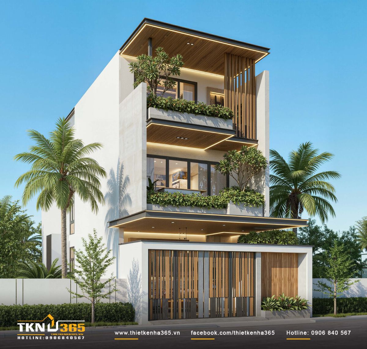 Nhà phố 3 tầng gây ấn tượng với cấu trúc đua - lùi và hệ lam gỗ đứng tầng trên đảm bảo sự riêng tư cần thiết