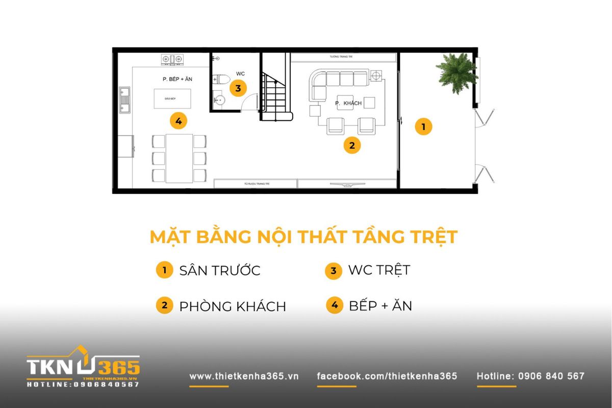 Mặt bằng tầng trệt nhà phố 3 tầng tổ chức liên thông từ sân trước, phòng khách đến bếp - ăn phía sau