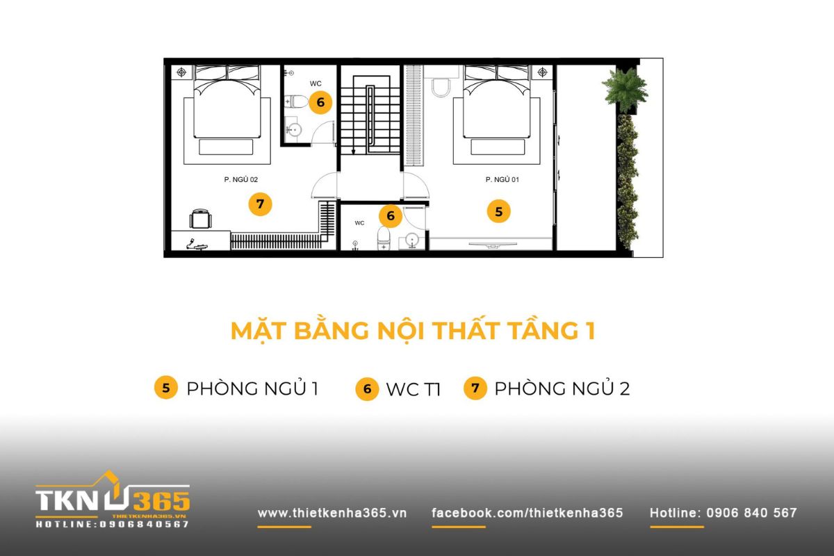 Mặt bằng tầng một nhà phố 3 tầng bố trí hai phòng ngủ trước - sau, kết nối trực tiếp ban công và khoảng xanh