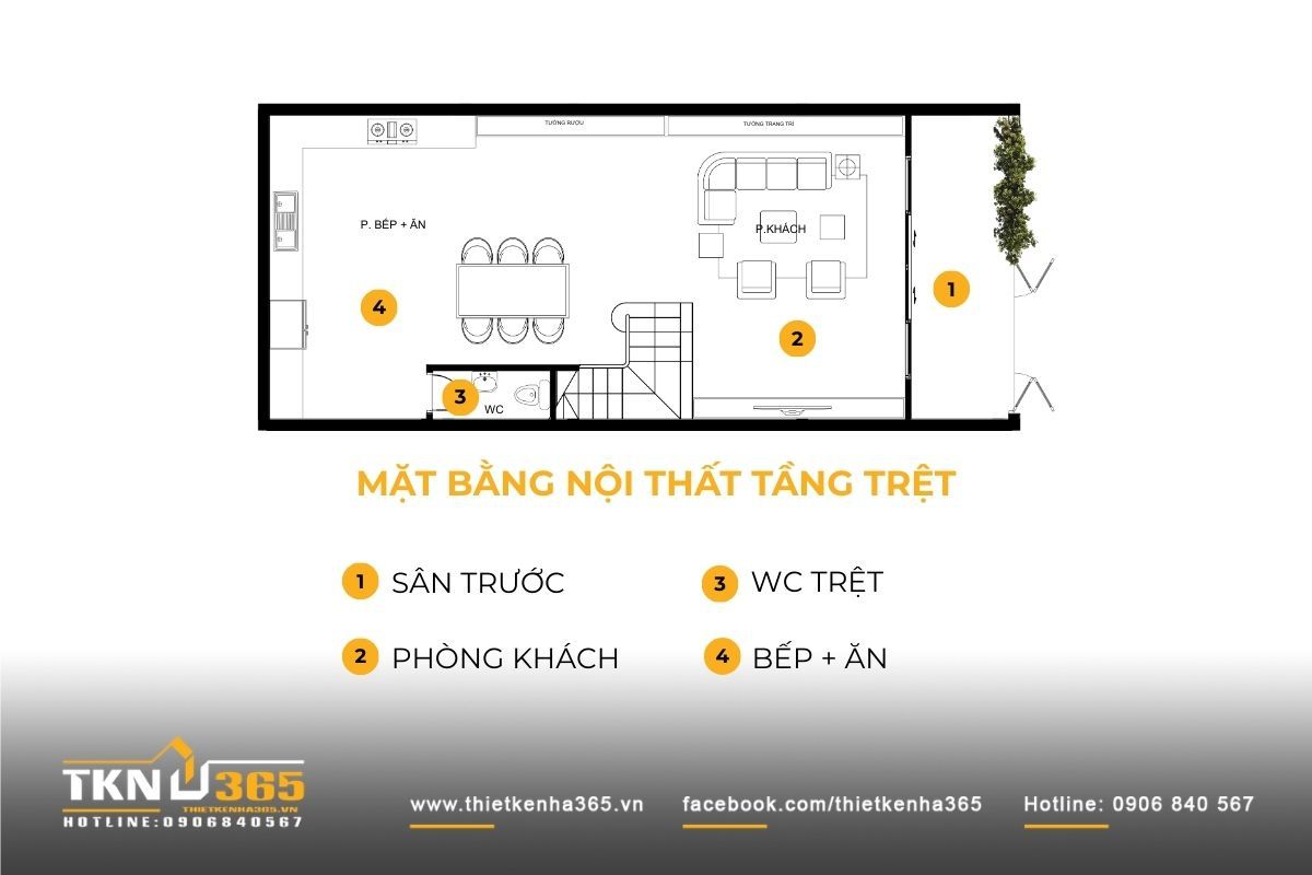 Mặt bằng tầng trệt nhà phố 1 trệt 2 lầu 4x15m 