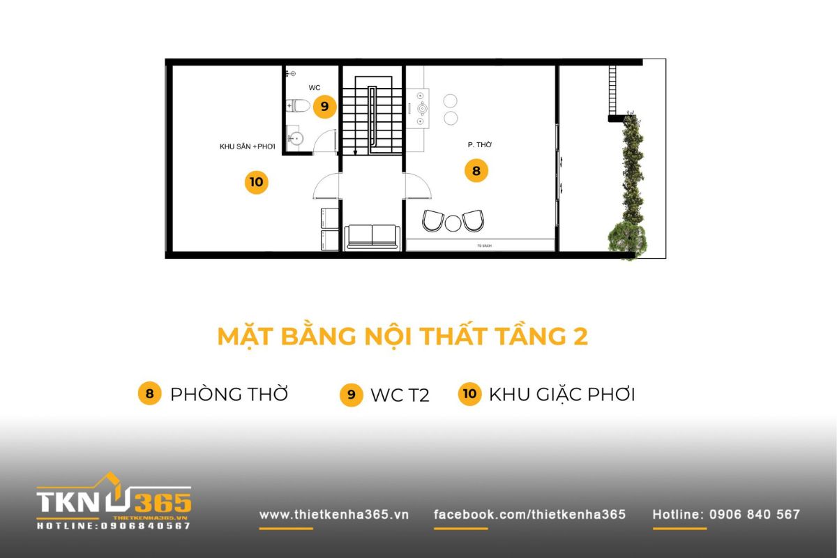 Mặt bằng tầng hai gồm phòng thờ phía trước và khu giặt phơi phía sau, phân tách rõ ràng công năng