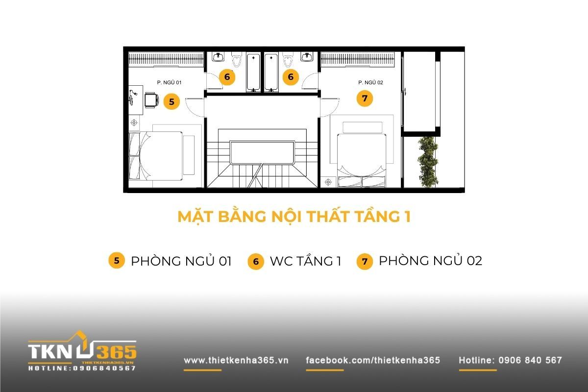 Mặt bằng lầu 1 nhà phố 1 trệt 2 lầu 4x15m
