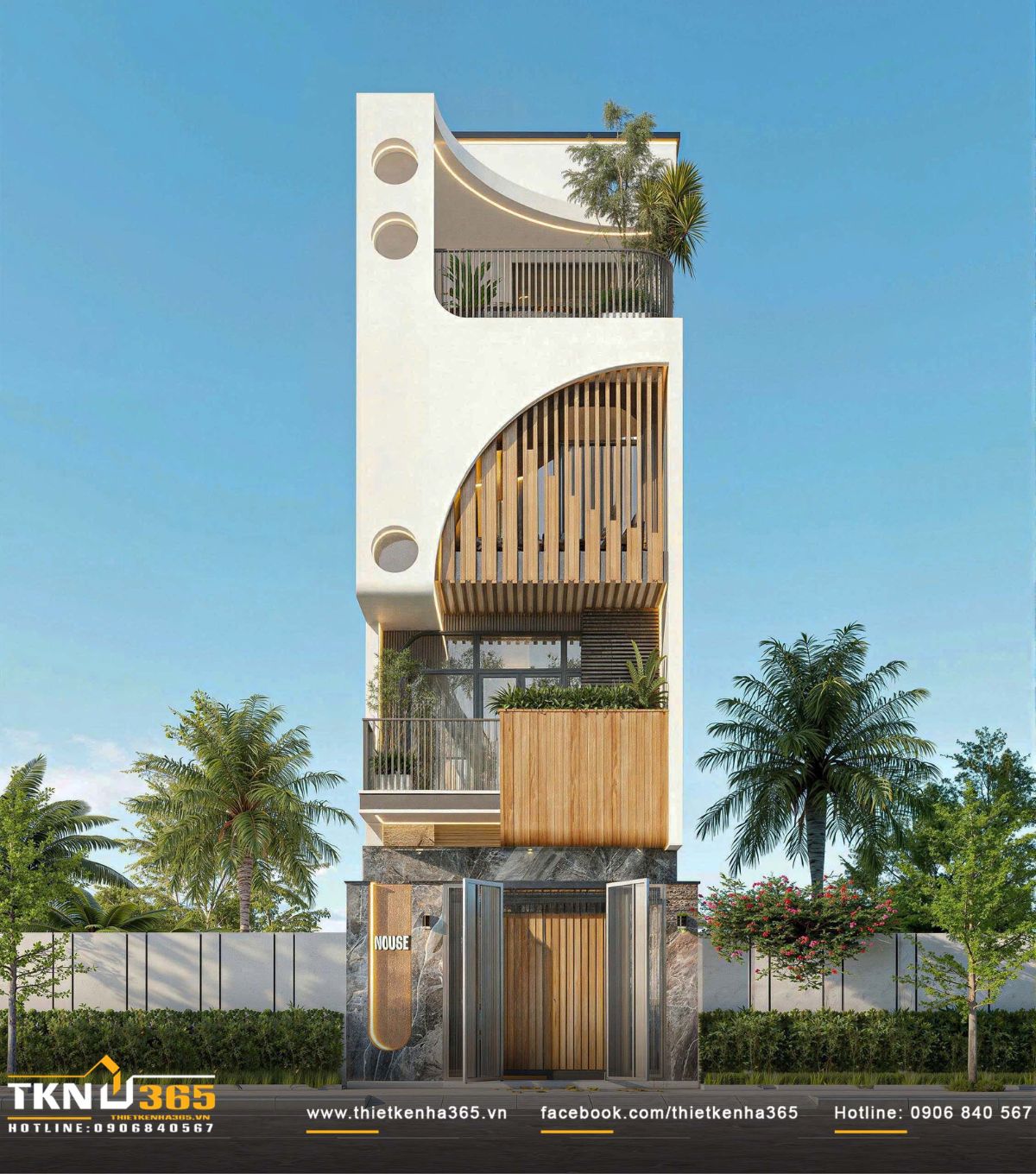 Tổng thể mặt tiền nhà phố 4 tầng 4x16m nổi bật với đường cong xuyên tầng giúp điều chỉnh tỷ lệ cao - hẹp của khối nhà
