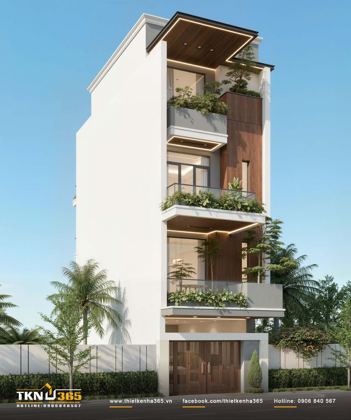 Các khối ban công đua ra kết hợp bồn cây lớn giúp nhà phố 4 tầng 4x18m giảm nắng và tăng khoảng thở tự nhiên