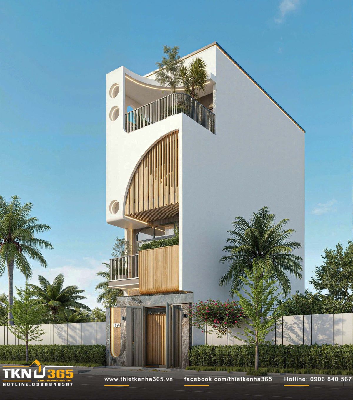 Nhà phố 4 tầng ưu tiên sử dụng mảng cong kết hợp lam gỗ đứng để tạo chiều sâu và chuyển động thị giác