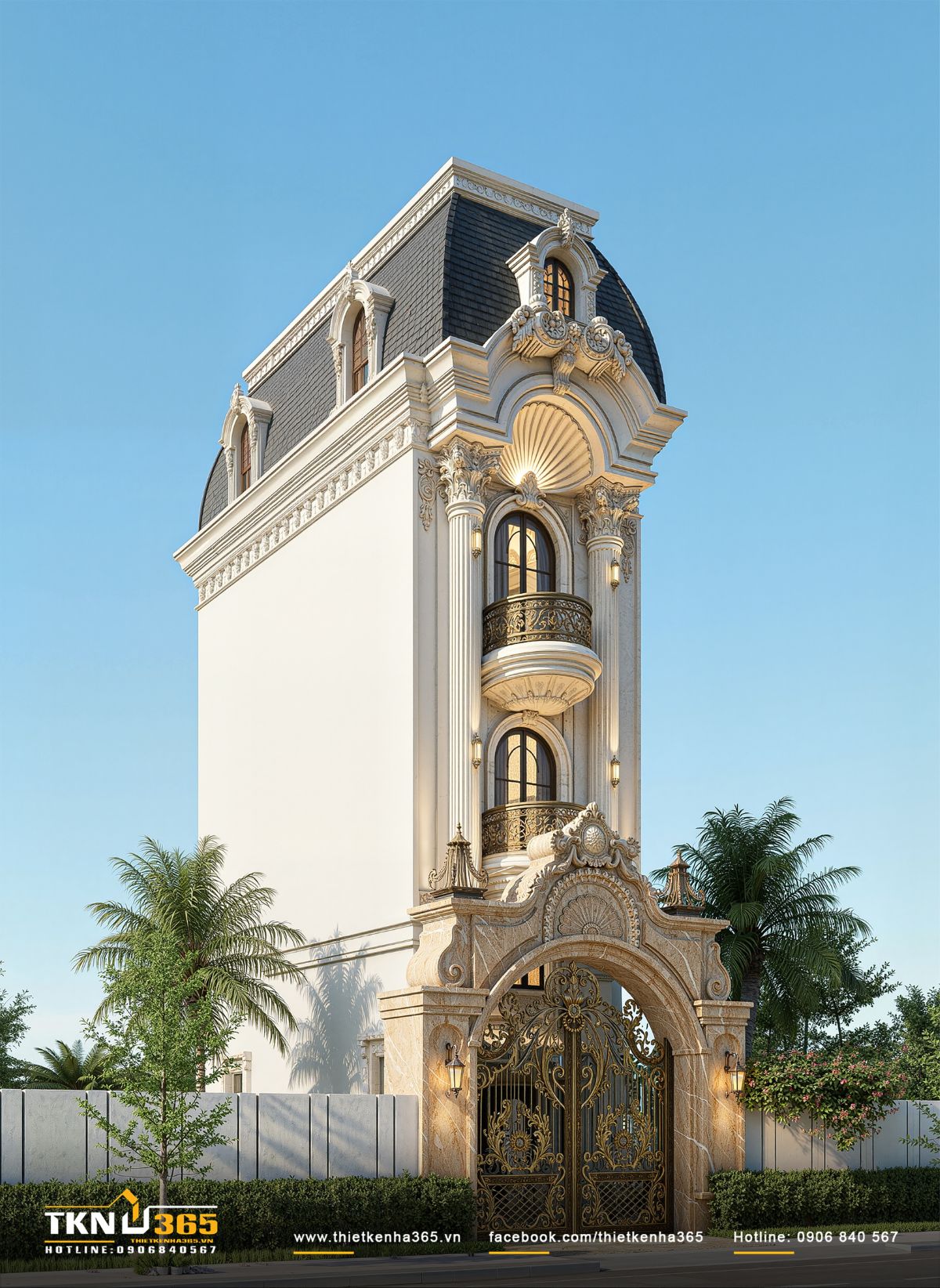 Hệ cột giả chạy suốt hai tầng cùng ban công bán nguyệt giúp mặt tiền 4m trở nên thanh thoát và có chiều sâu kiến trúc