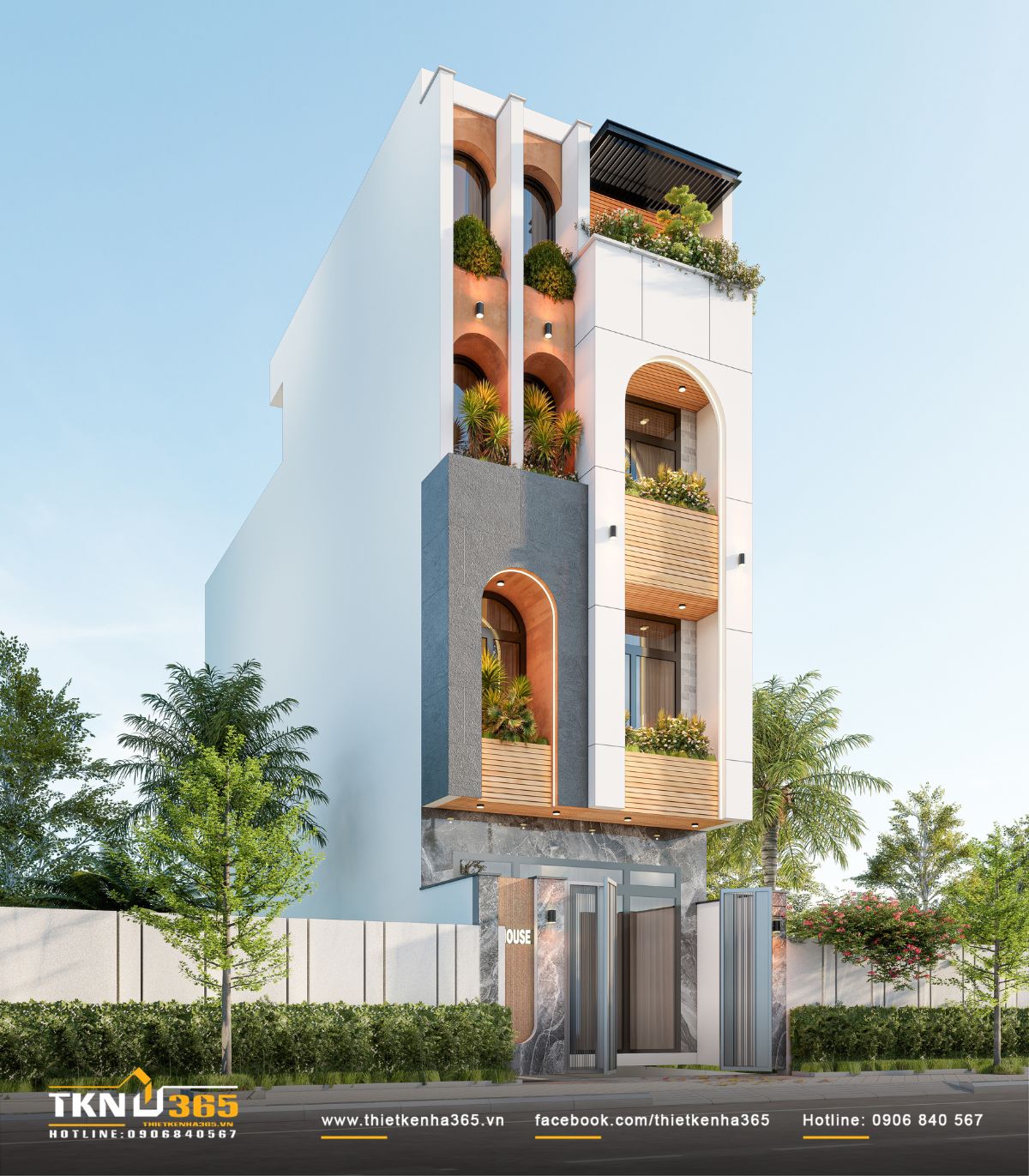 Nhà phố 4 tầng 5x15m và hành trình biến những yêu cầu giản dị thành không gian sống ấm cúng 3 Nhà phố 4 tầng hiện đại cân bằng giữa mảng tường phẳng, lam gỗ và ban công xanh, tạo nên tổng thể hài hòa và gần gũi với thiên nhiên