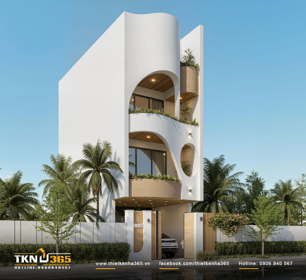 Hình khối uốn cong kết hợp bảng màu trung tính và trần gỗ ấm áp giúp mặt tiền nhà phố 4 tầng giữ được sự cân bằng, nhẹ nhàng trong tổng thể kiến trúc hiện đại