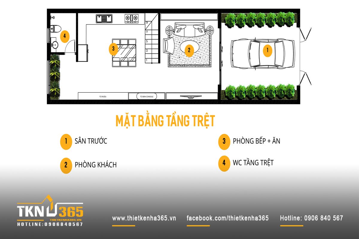 Bố cục tầng trệt nhà phố 4 tầng tổ chức theo trục dọc với sân trước, phòng khách, bếp - ăn liên thông và lõi thang trung tâm, đảm bảo sinh hoạt thuận tiện