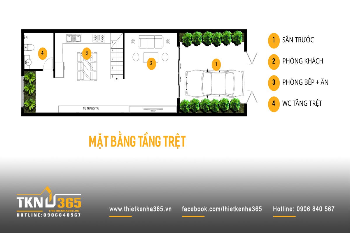 Mặt bằng tầng trệt nhà phố 4 tầng 4x18m bố trí sân trước để xe, phòng khách phía trước và khu bếp - ăn phía sau theo trục không gian liên tục