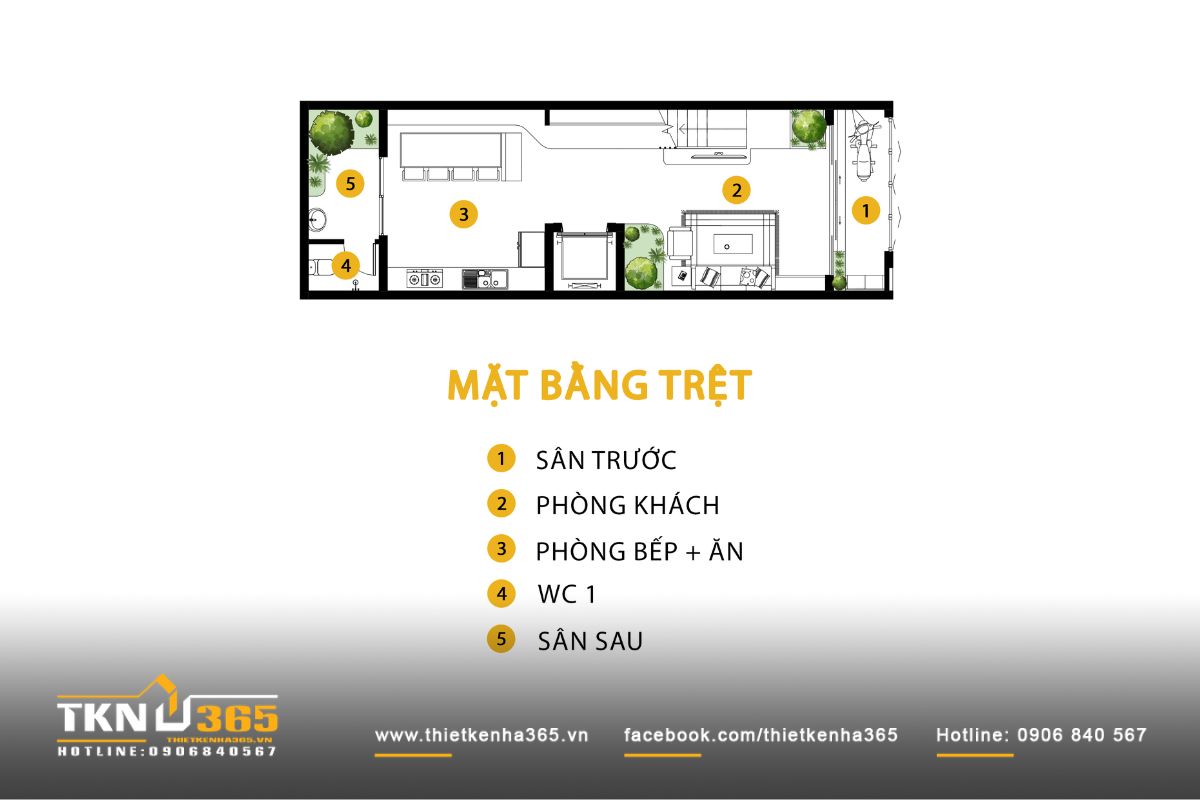 Nhà phố 4 tầng 5x15m và hành trình biến những yêu cầu giản dị thành không gian sống ấm cúng 5 Mặt bằng tầng trệt nhà phố 4 tầng bố trí liên thông từ sân trước, phòng khách đến bếp và sân sau, tạo dòng chảy sinh hoạt thuận tiện và thoáng khí
