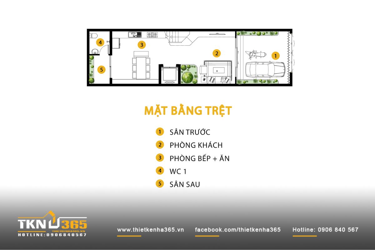 Mặt bằng tầng trệt nhà phố 4 tầng tổ chức theo trục dọc gồm sân trước, phòng khách và bếp - ăn liên thông phía sau