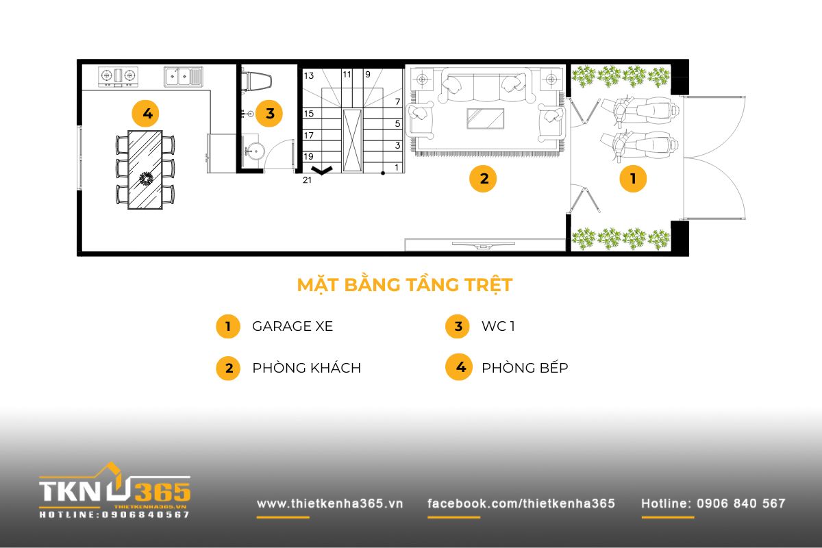 Mặt bằng tầng trệt nhà phố 4 tầng bố trí garage phía trước, tiếp đến là phòng khách và bếp - ăn phía sau, tạo không gian sinh hoạt chung rộng rãi và thuận tiện