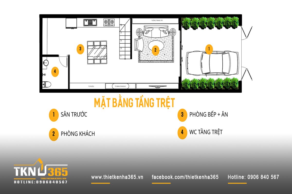 Thiết kế nhà phố 4 tầng tại Kiên Giang “thấu hiểu” nếp sinh hoạt của từng thành viên trong gia đình 6 Mặt bằng tầng trệt nhà phố 4 tầng 5x15m bố trí sân trước, phòng khách và bếp - ăn liên thông, tạo không gian sinh hoạt chung thuận tiện cho gia đình