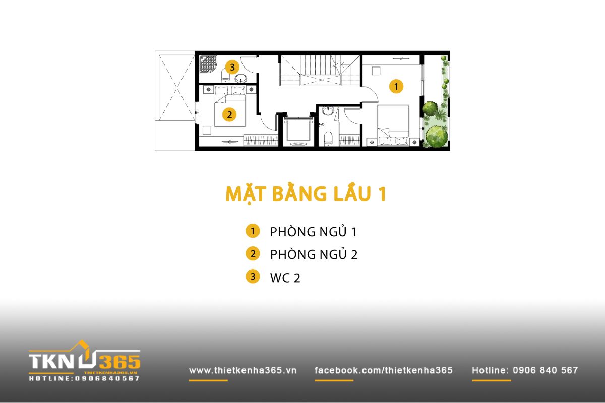 Nhà phố 4 tầng 5x15m và hành trình biến những yêu cầu giản dị thành không gian sống ấm cúng 6 Mặt bằng lầu 1 nhà phố 4 tầng sắp xếp hai phòng ngủ rộng thoáng ở hai đầu nhà