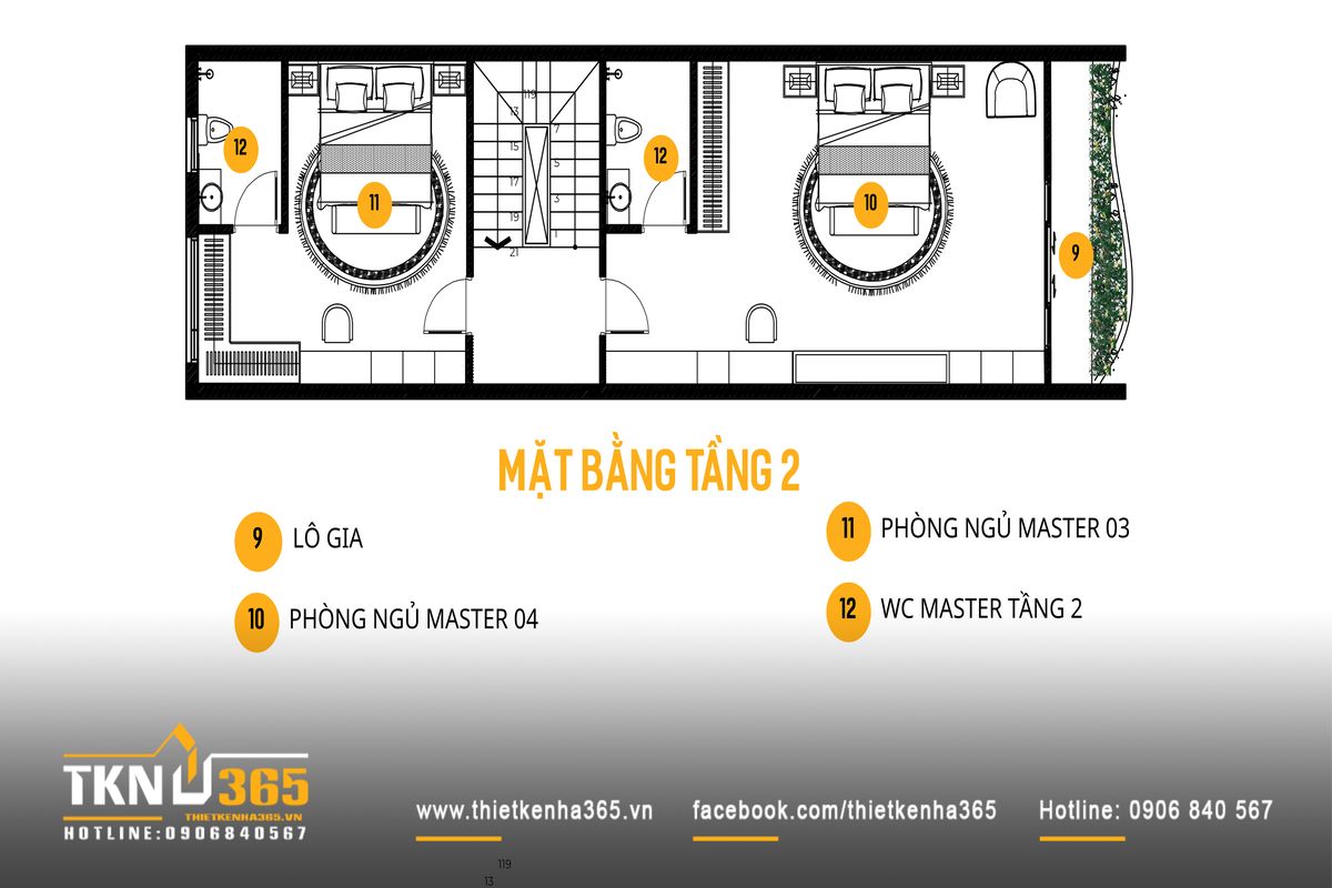 Mặt bằng tầng 2 tổ chức tương tự tầng 1 với hai phòng ngủ và WC riêng, duy trì sự đồng nhất và ổn định trong sinh hoạt gia đình
