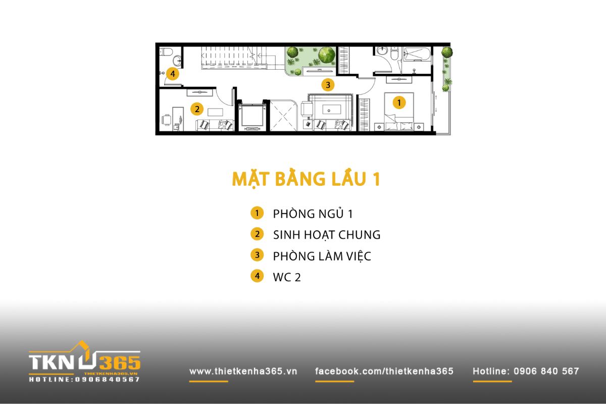 Mặt bằng lầu 1 của nhà phố 4 tầng bố trí phòng ngủ chính phía trước, kết nối ánh sáng qua lớp lam mặt tiền