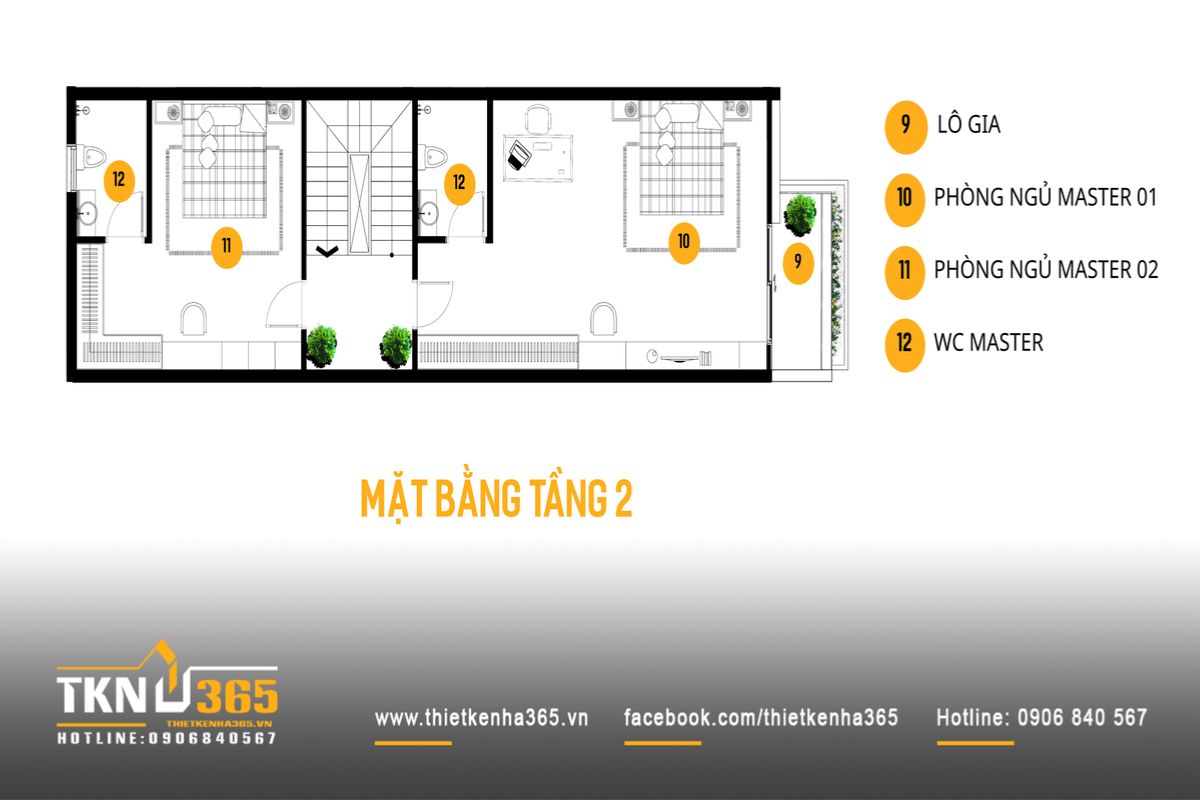 Mặt bằng tầng 2 tổ chức hai phòng ngủ master có logia riêng hướng ra mặt tiền xanh của ngôi nhà