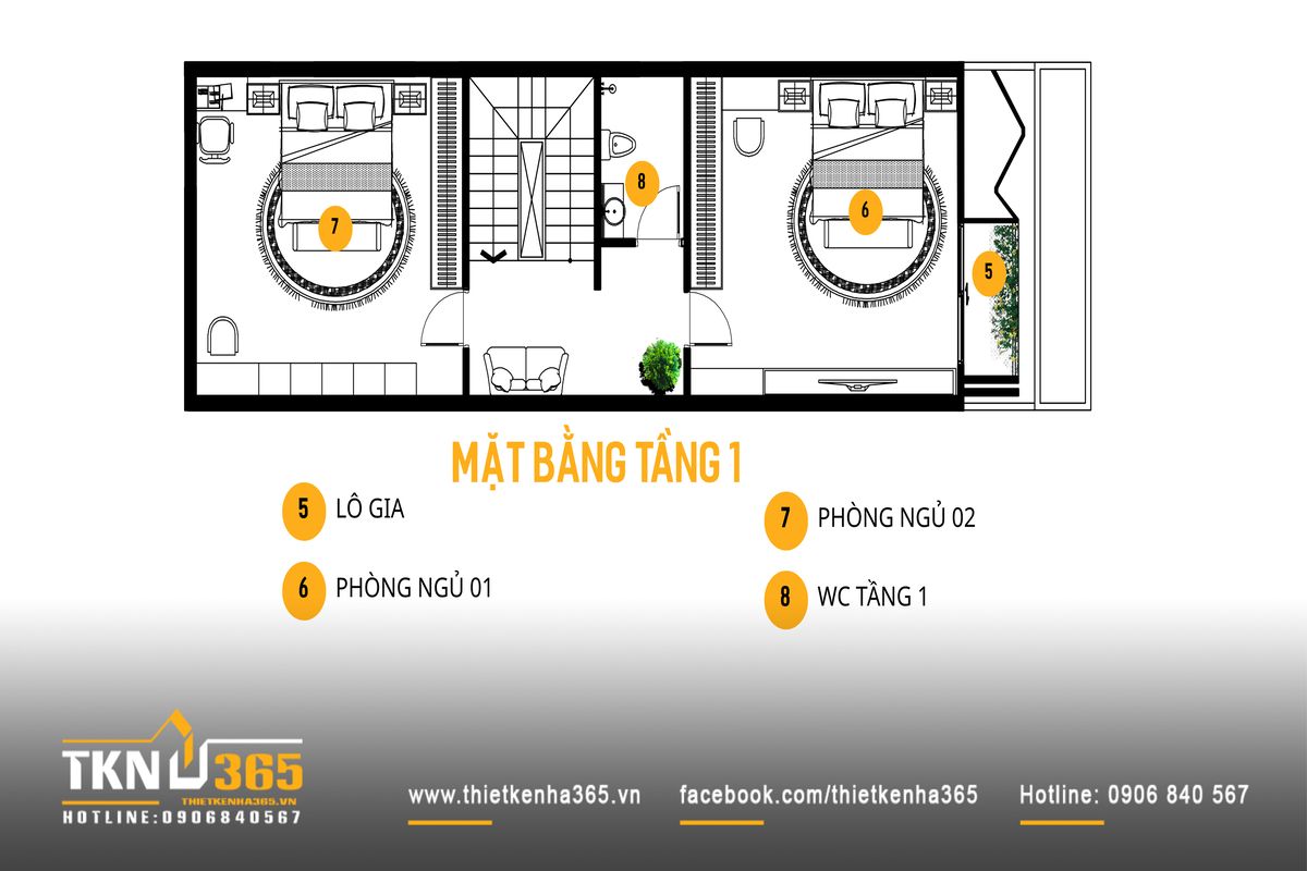 Thiết kế nhà phố 4 tầng tại Kiên Giang “thấu hiểu” nếp sinh hoạt của từng thành viên trong gia đình 7 Mặt bằng tầng 1 của nhà phố 4 tầng gồm hai phòng ngủ và logia phía trước, giúp các phòng luôn đón gió và ánh sáng tự nhiên