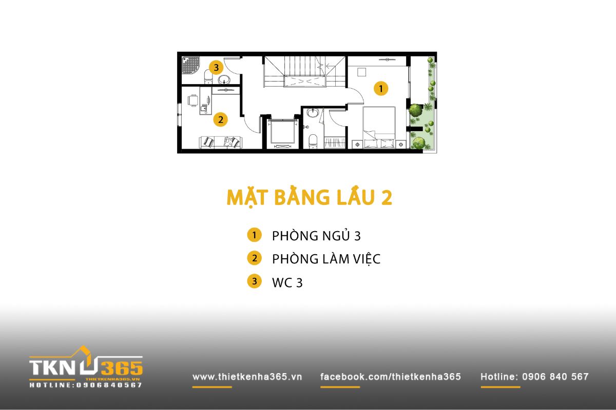 Nhà phố 4 tầng 5x15m và hành trình biến những yêu cầu giản dị thành không gian sống ấm cúng 7 Mặt bằng lầu 2 nhà phố 4 tầng kết hợp phòng ngủ và phòng làm việc riêng biệt, đảm bảo sự yên tĩnh và linh hoạt trong sử dụng