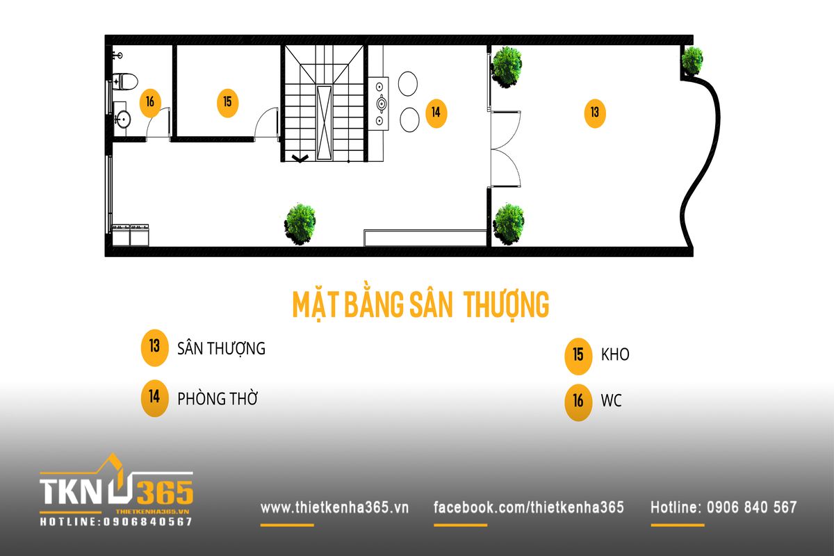 Sân thượng rộng kết hợp phòng thờ, kho và WC, tạo không gian linh hoạt cho thư giãn và các nhu cầu sử dụng lâu dài
